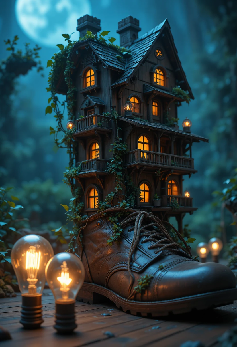 溫暖魔幻燈光中的迷你靴子小屋村莊