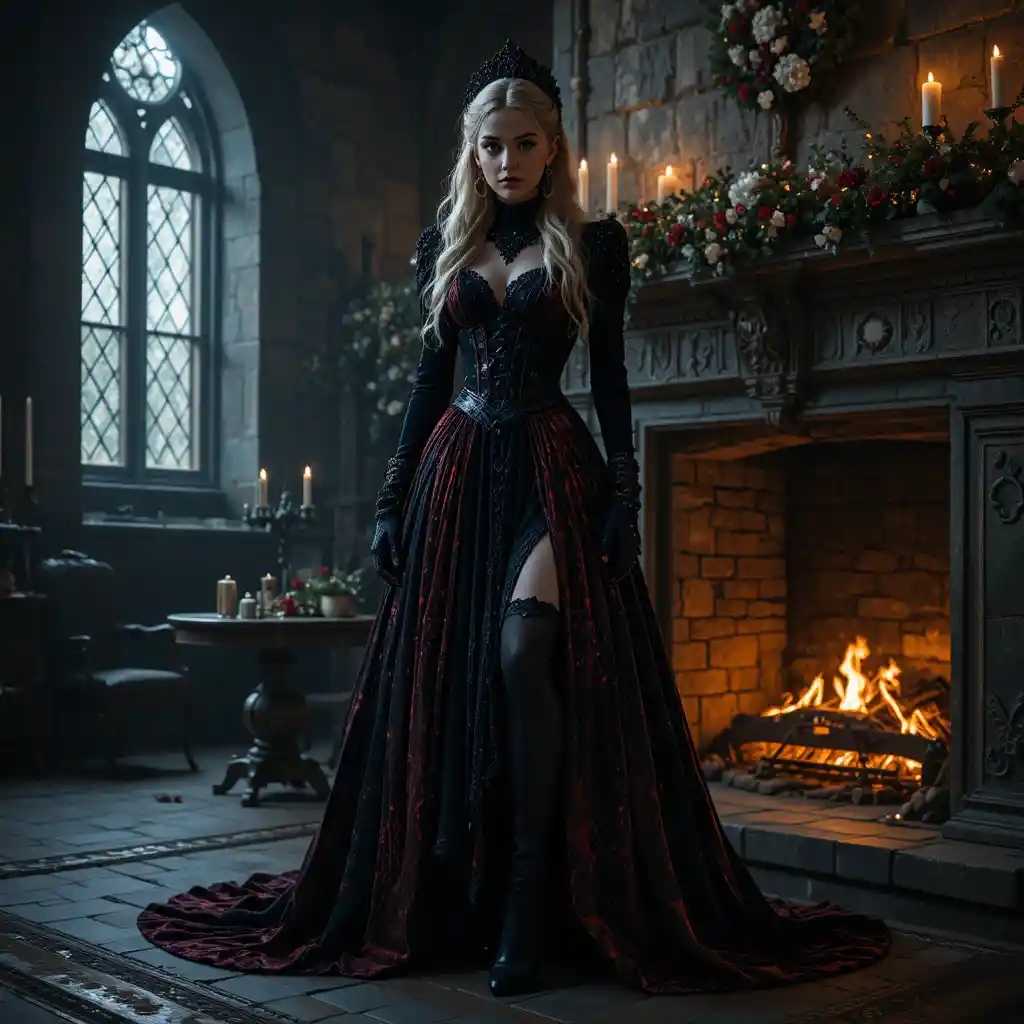 Gothic Mrs Claus Standing By A Glowing Stone Fireplace