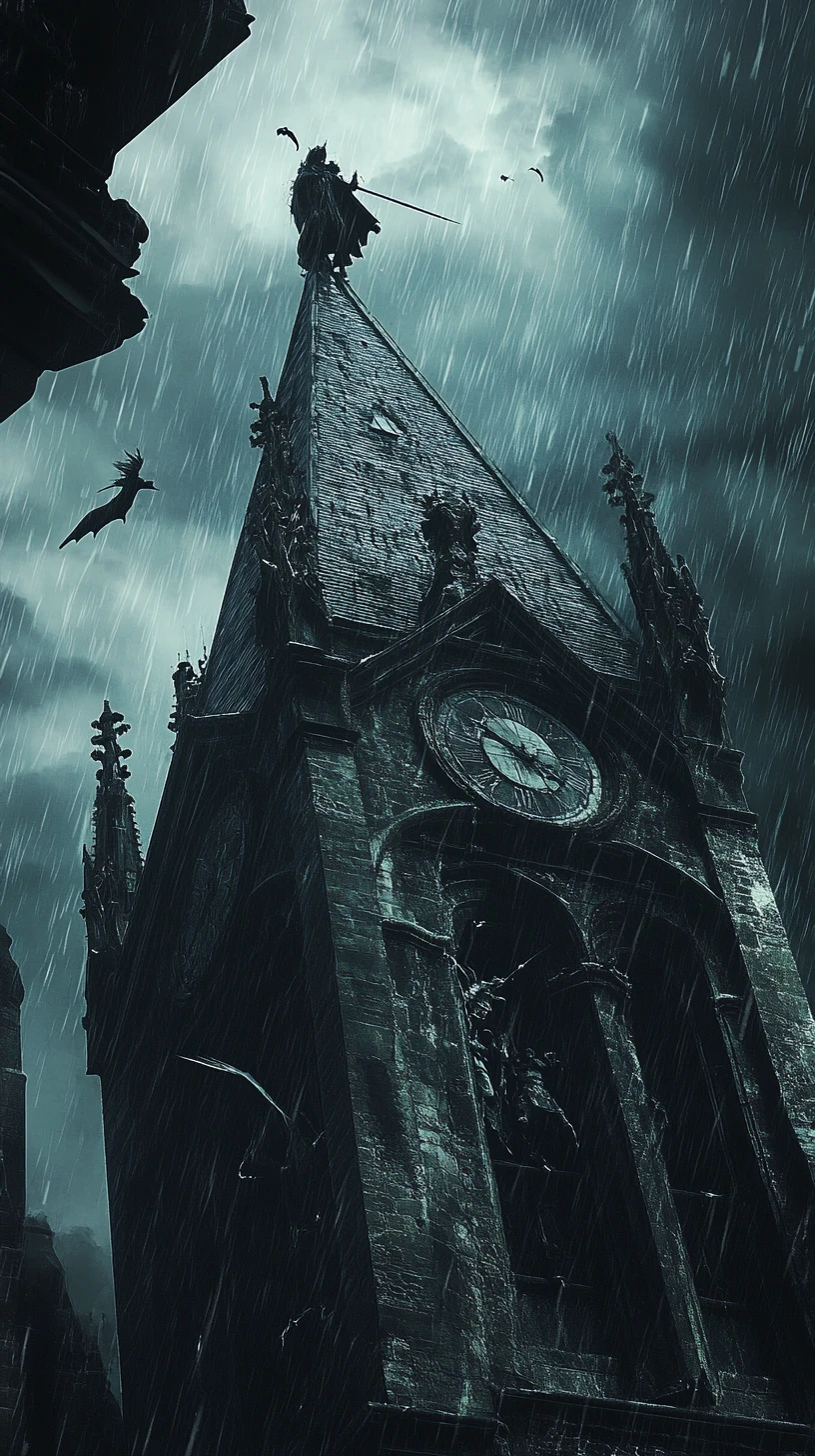 Slender harlequin with scythe on a gothic bell tower