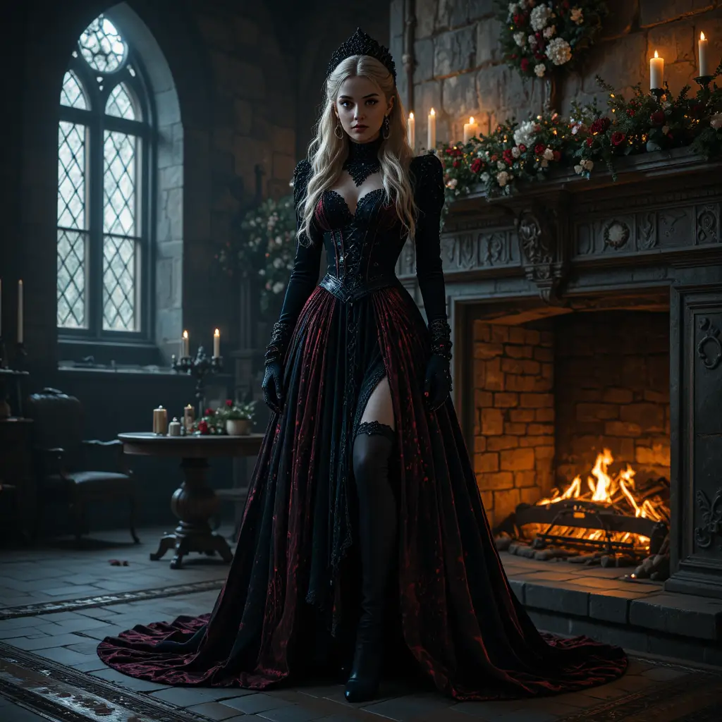 Gothic Mrs Claus Standing By A Glowing Stone Fireplace