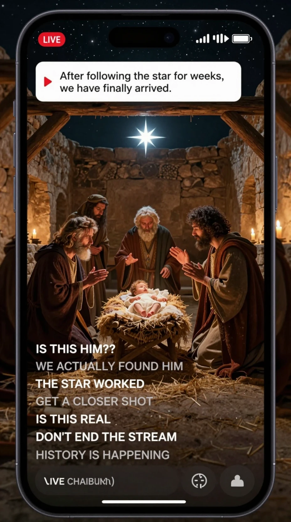 Scena della Natività trasmessa attraverso lo schermo di uno smartphone moderno