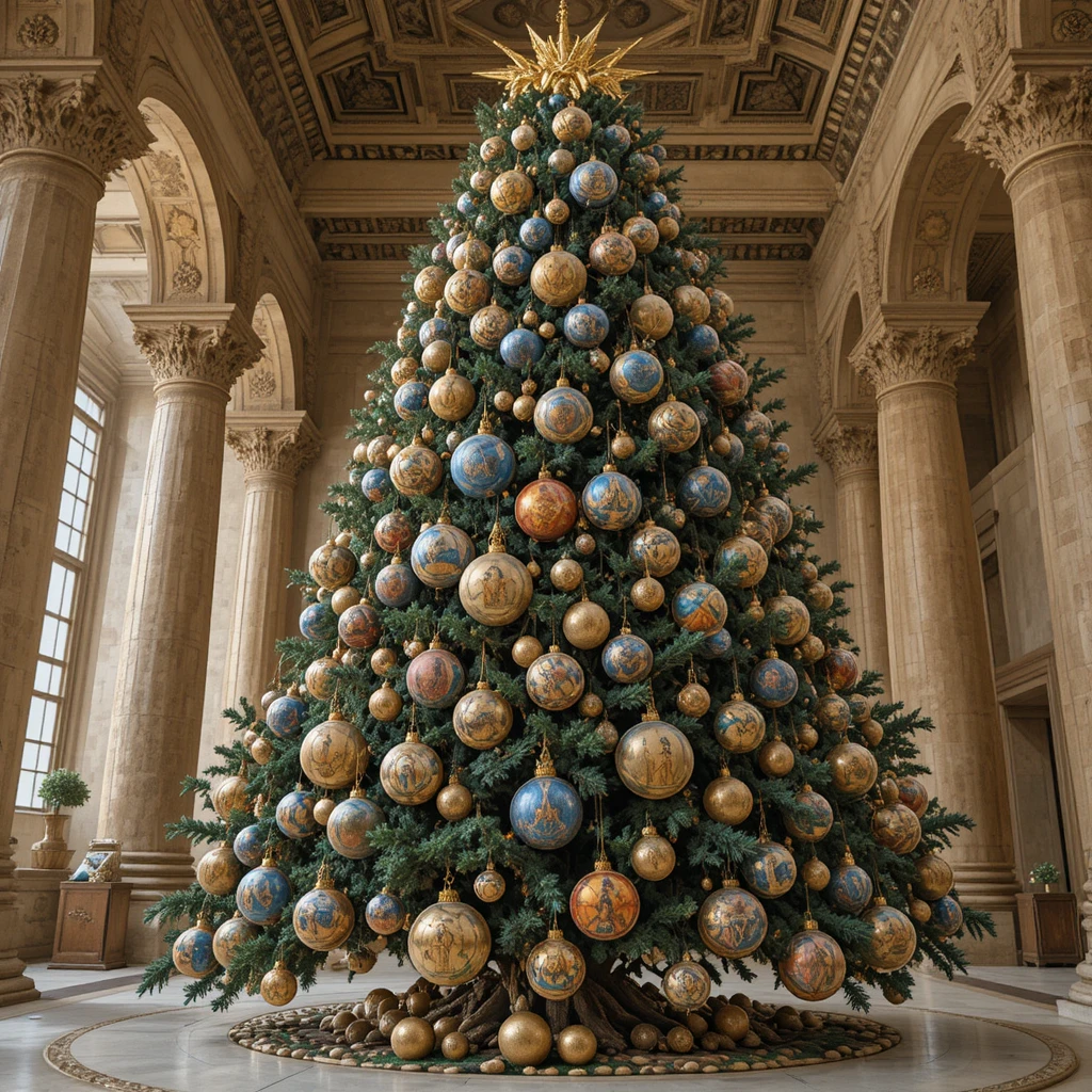 Riesiger Weihnachtsbaum mit ägyptischen Verzierungen in Museumshalle
