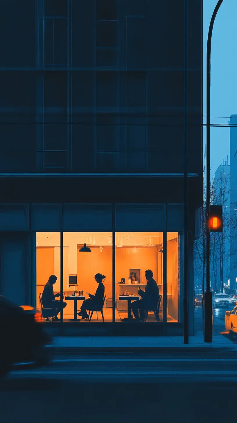 Minimalist urban cafe window with solitary night scene