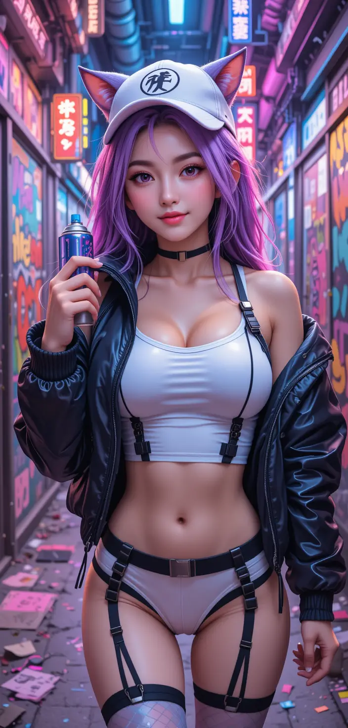 Confident anime girl with spray paint in neon alley