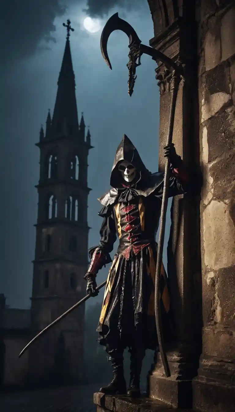 Slender harlequin with scythe on a stormy gothic bell tower