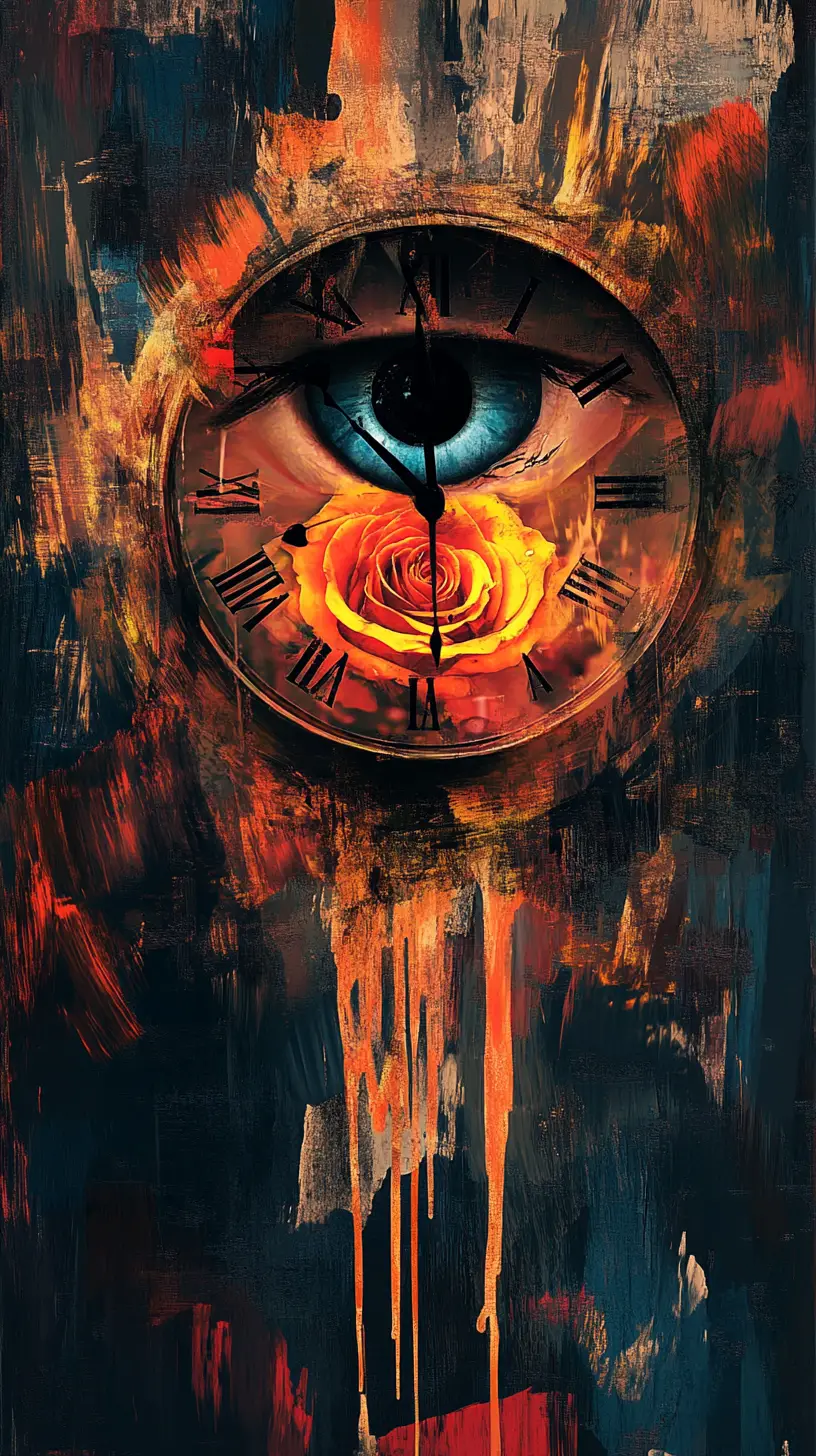 Surreal sad eyes with burning rose and marked clock