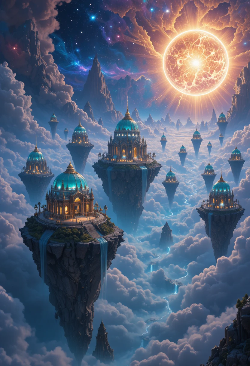 Floating domed cities drifting among vivid cosmic nebula clouds