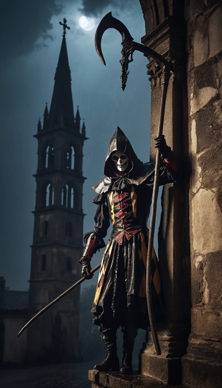 Slender harlequin with scythe on a stormy gothic bell tower
