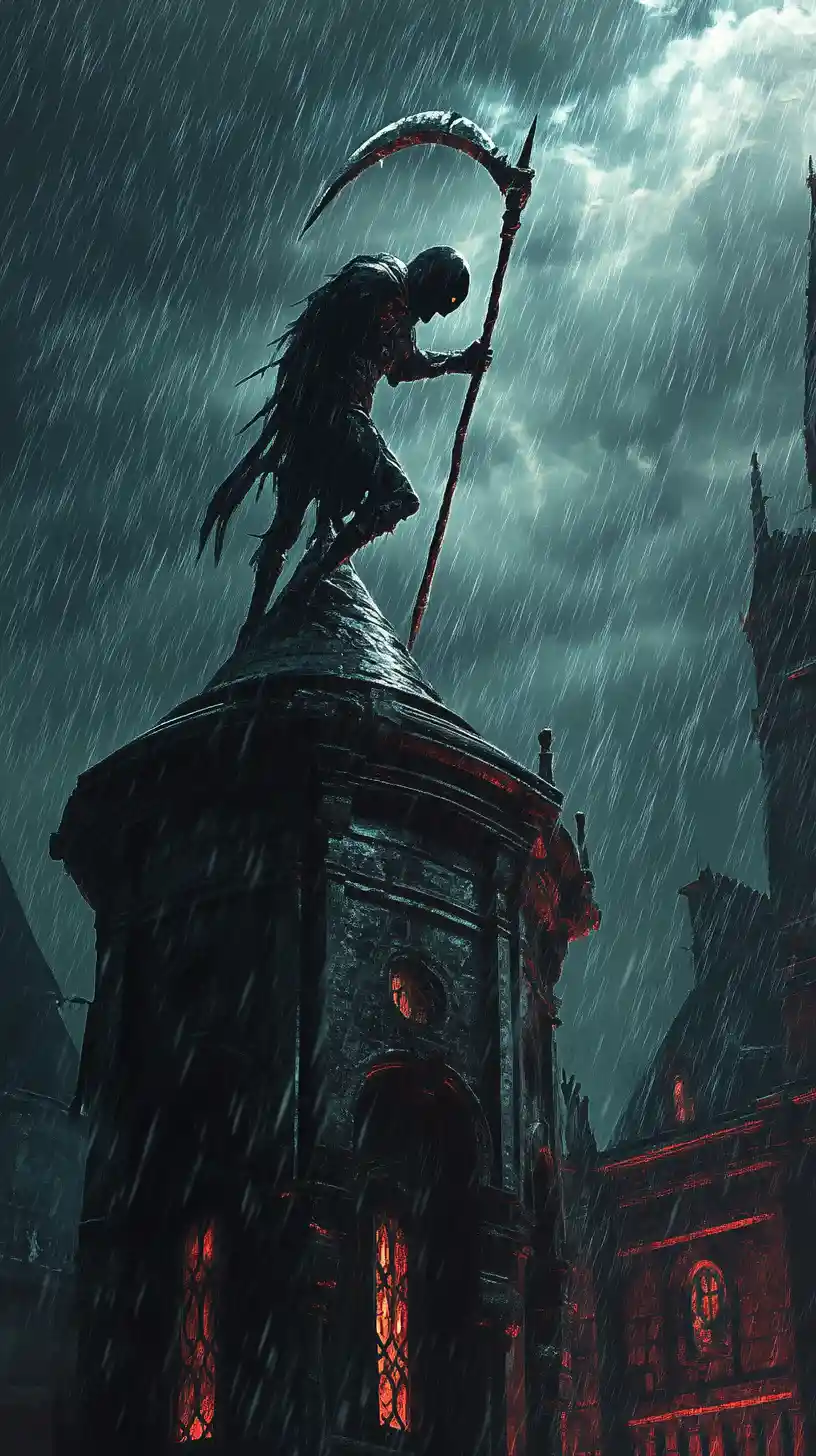 Slender harlequin with scythe on a gothic bell tower