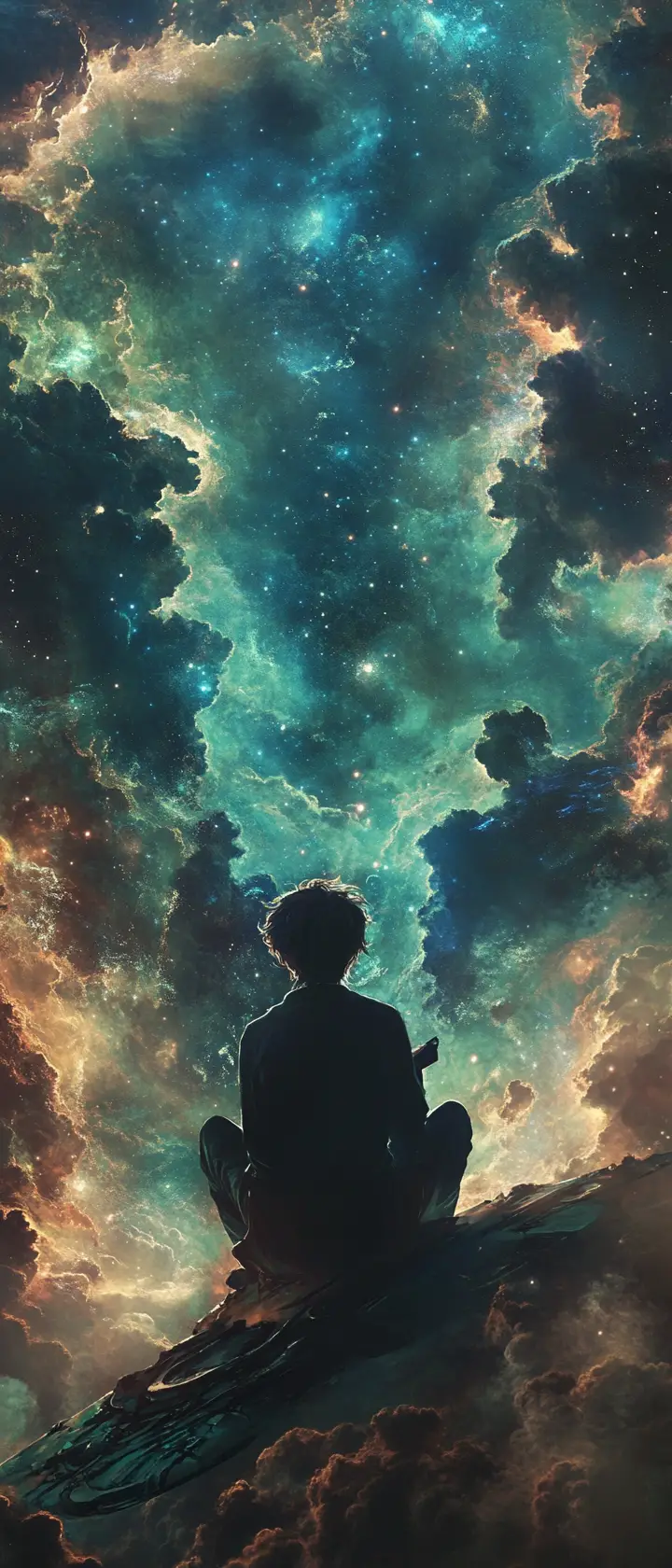 Starship drifting through a glowing nebula of swirling faces