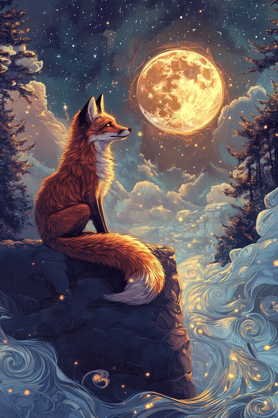 Red fox glowing on a stone ledge under starry winter sky