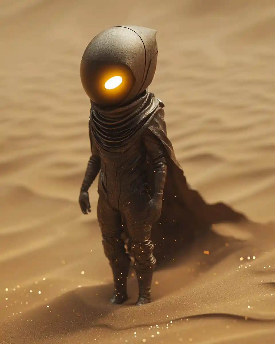 Tiny alien explorer standing alone in a windy desert