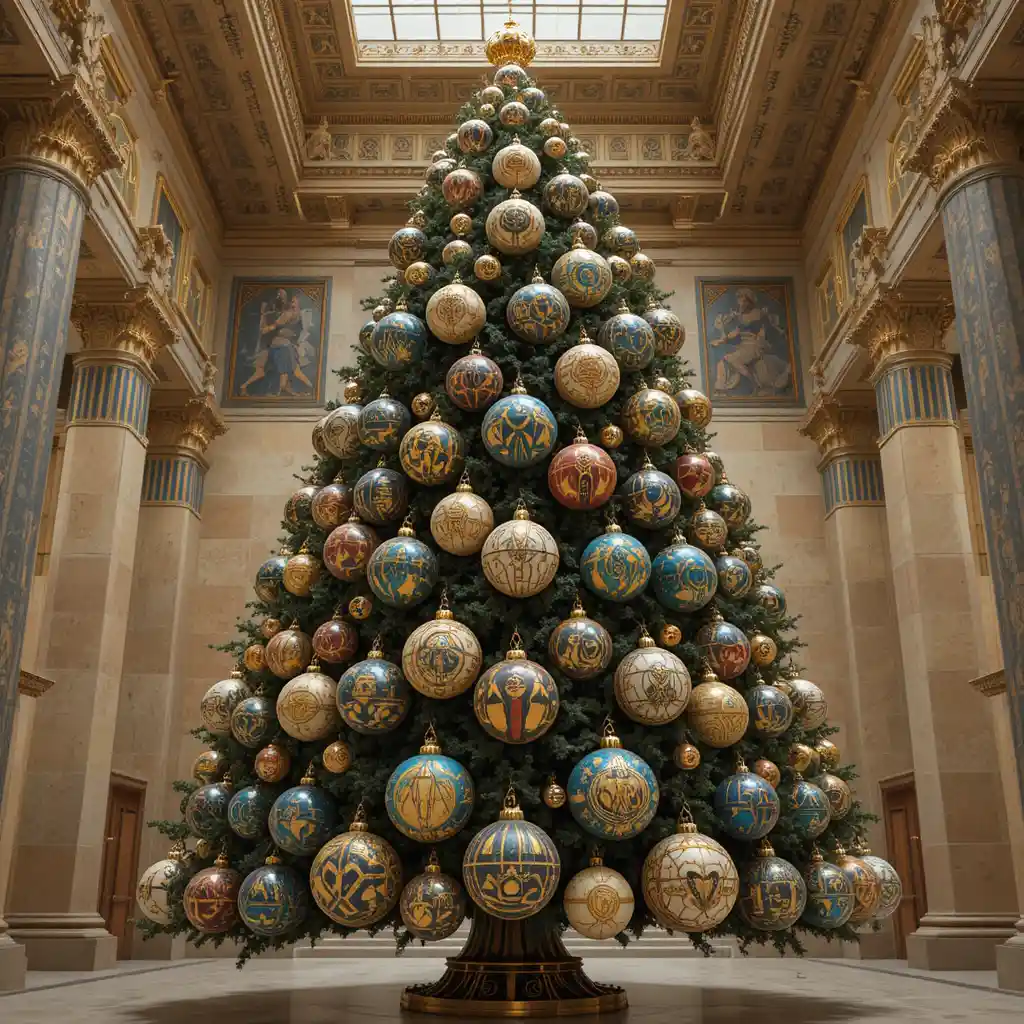 Grande albero di Natale con palline ornamentali egiziane in un museo