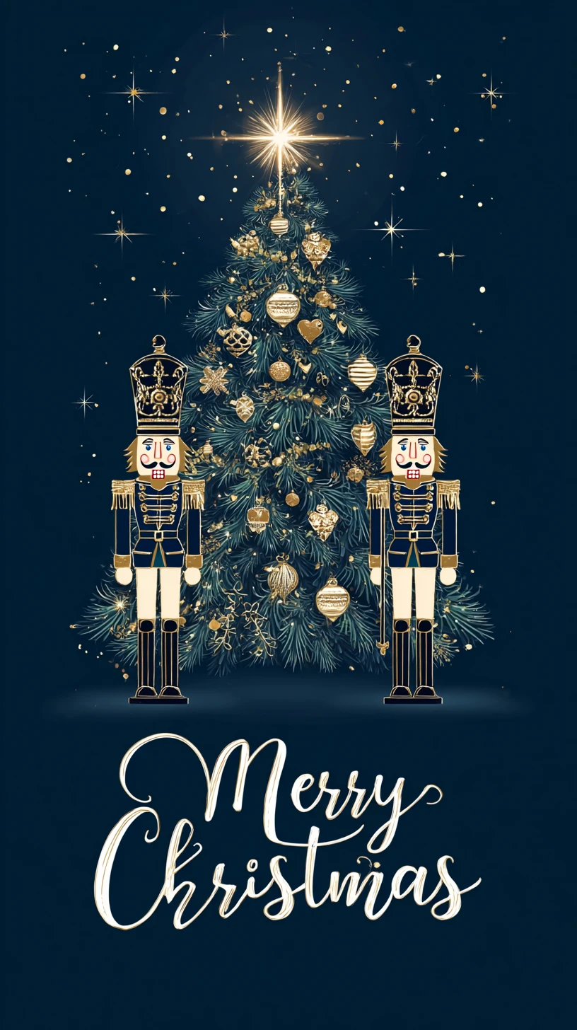 Festliche Weihnachtskarte mit Tannenbaum und Nussknacker-Figuren