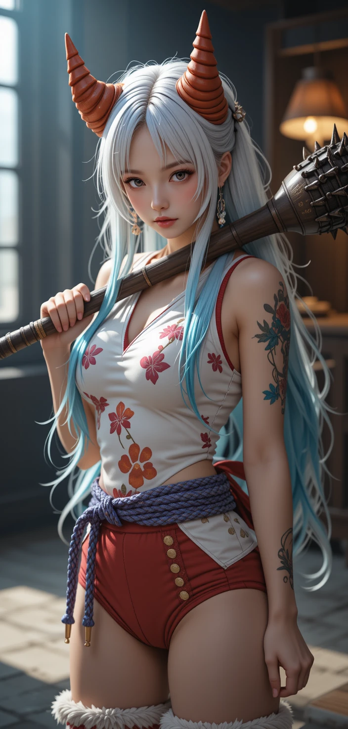 Full body warrior woman with glowing leg tattoos