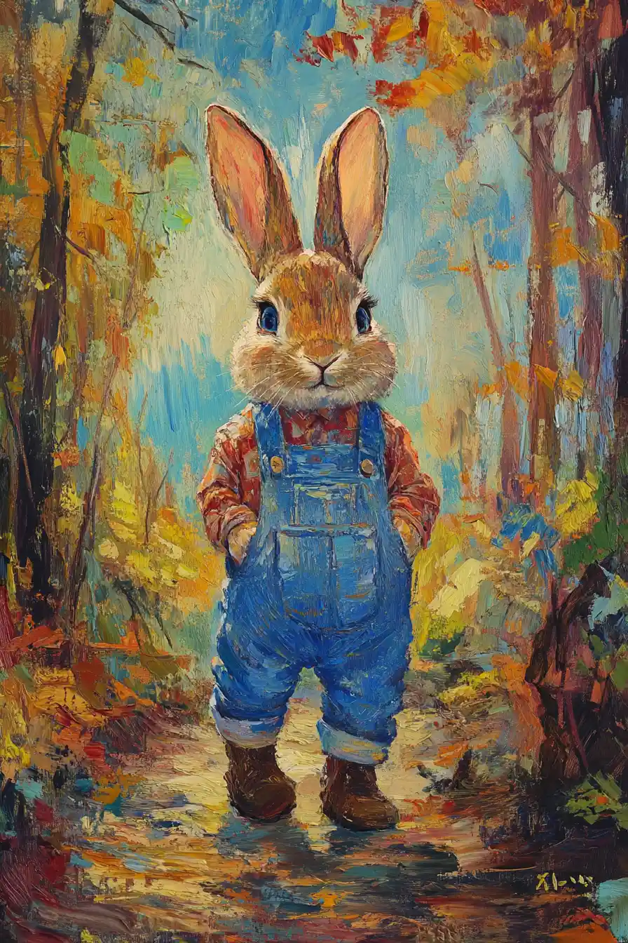 Cute forest rabbit in overalls in bright kitsch painting