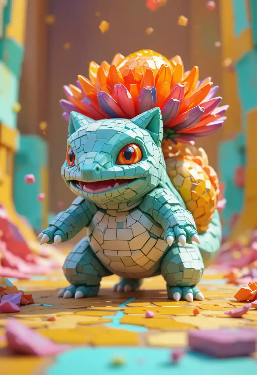 Créature voxel avec fleur cristalline et yeux couleur ambre
