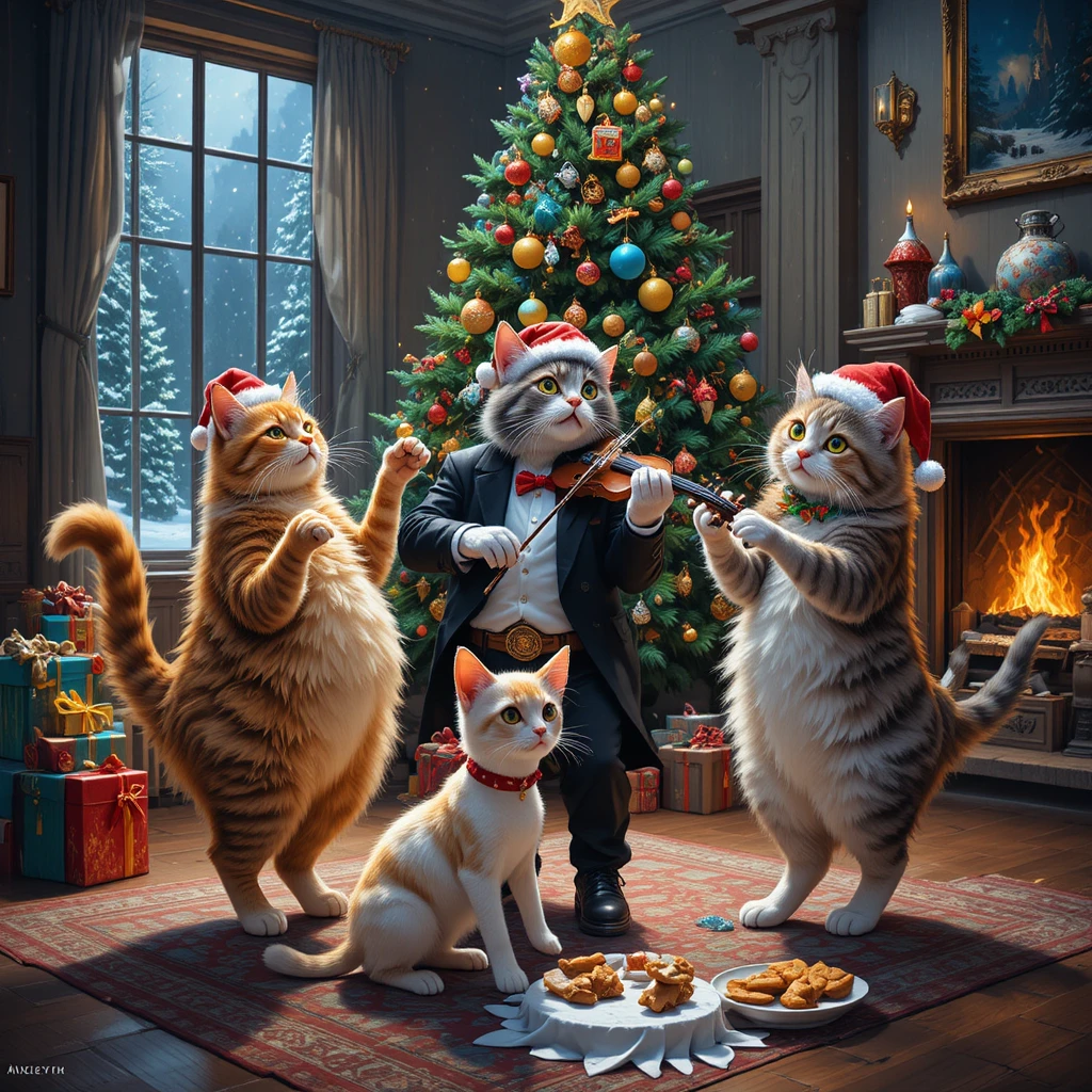 Três gatos dançarinos celebram o Natal em uma sala de estar aconchegante