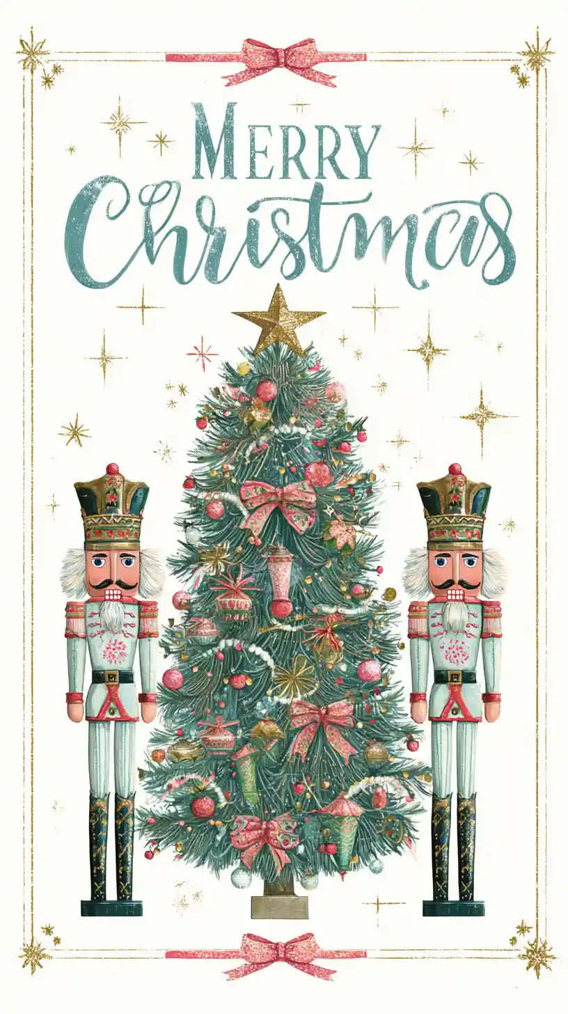 Festive Christmas tree card with nutcrackers and sparkling details