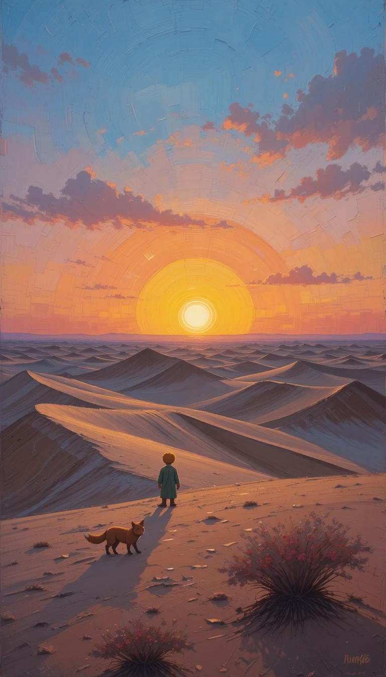 Little prince and fox in a quiet desert sunset painting