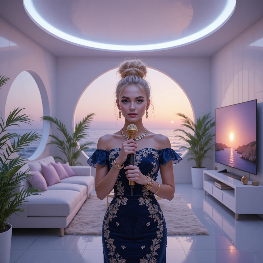Young blonde singer in a dreamy futuristic living room