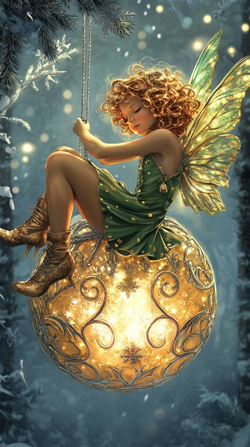 Christmas fairy on glowing bauble in snowy forest