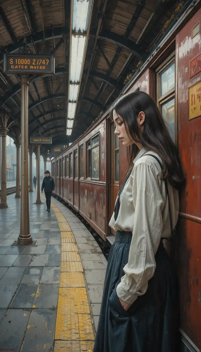 Jovem esperando um trem vermelho na plataforma