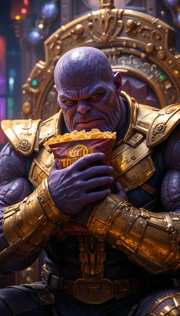 Armored titan hugging a bag of chips in sci fi throne room