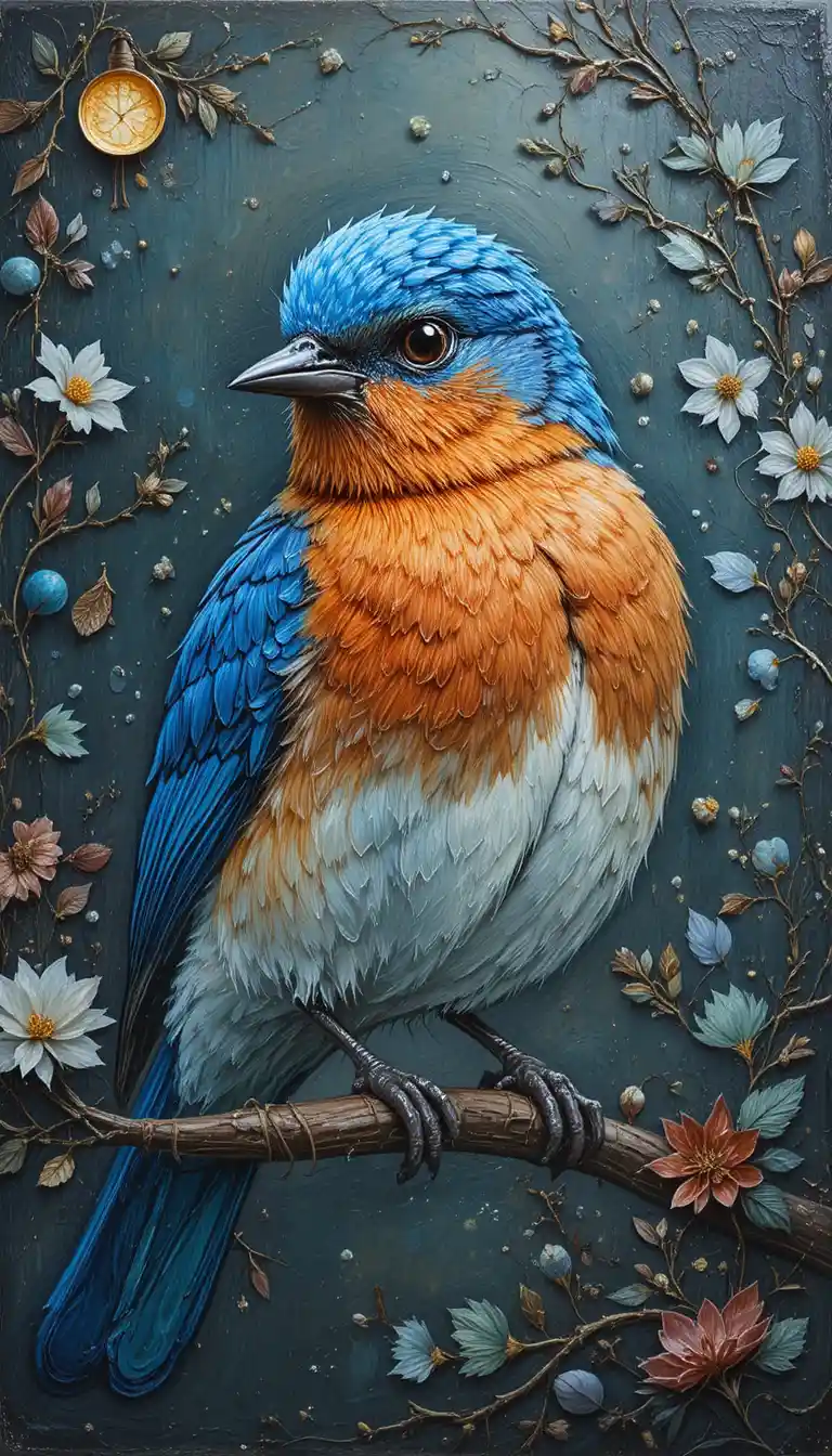 Blue bird oil painting in rich impasto brushwork