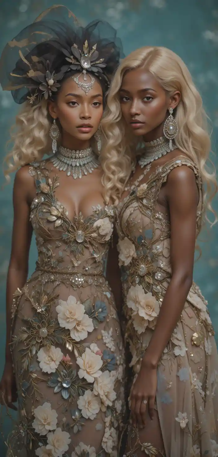 Duas mulheres estilosas posando em um estúdio de moda cintilante