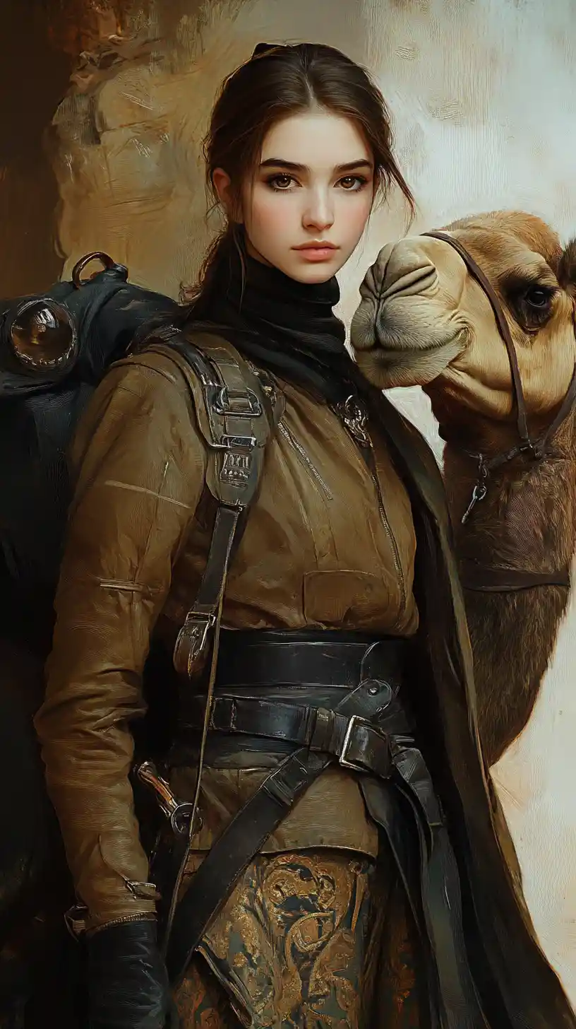 Woman in camel coat leading a friendly camel companion