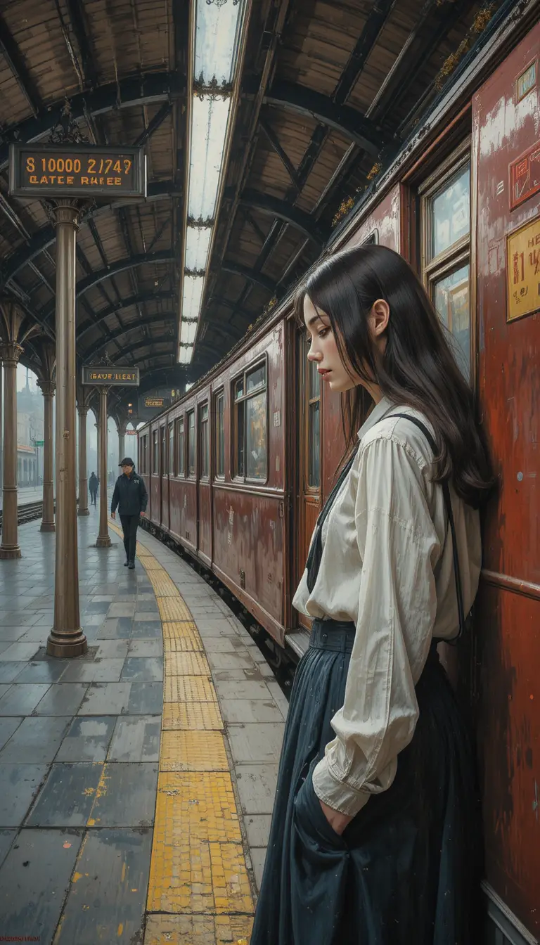 ホームで赤い電車を待つ若い女性