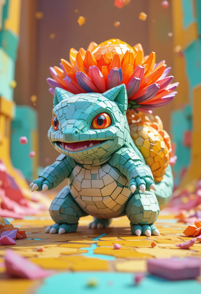 Créature voxel avec fleur cristalline et yeux couleur ambre