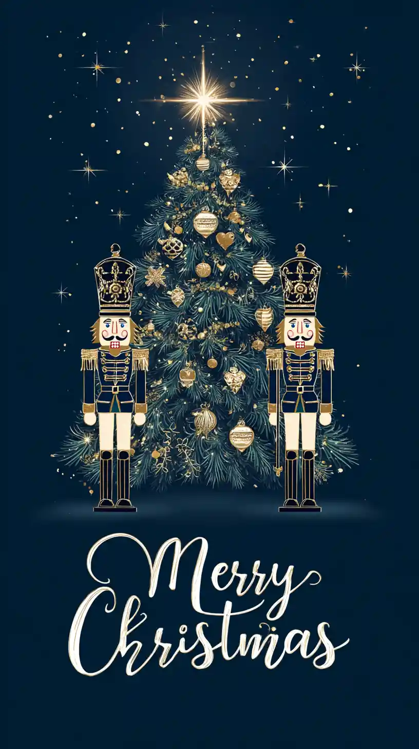 Biglietto di Natale festoso con albero e personaggi schiaccianoci