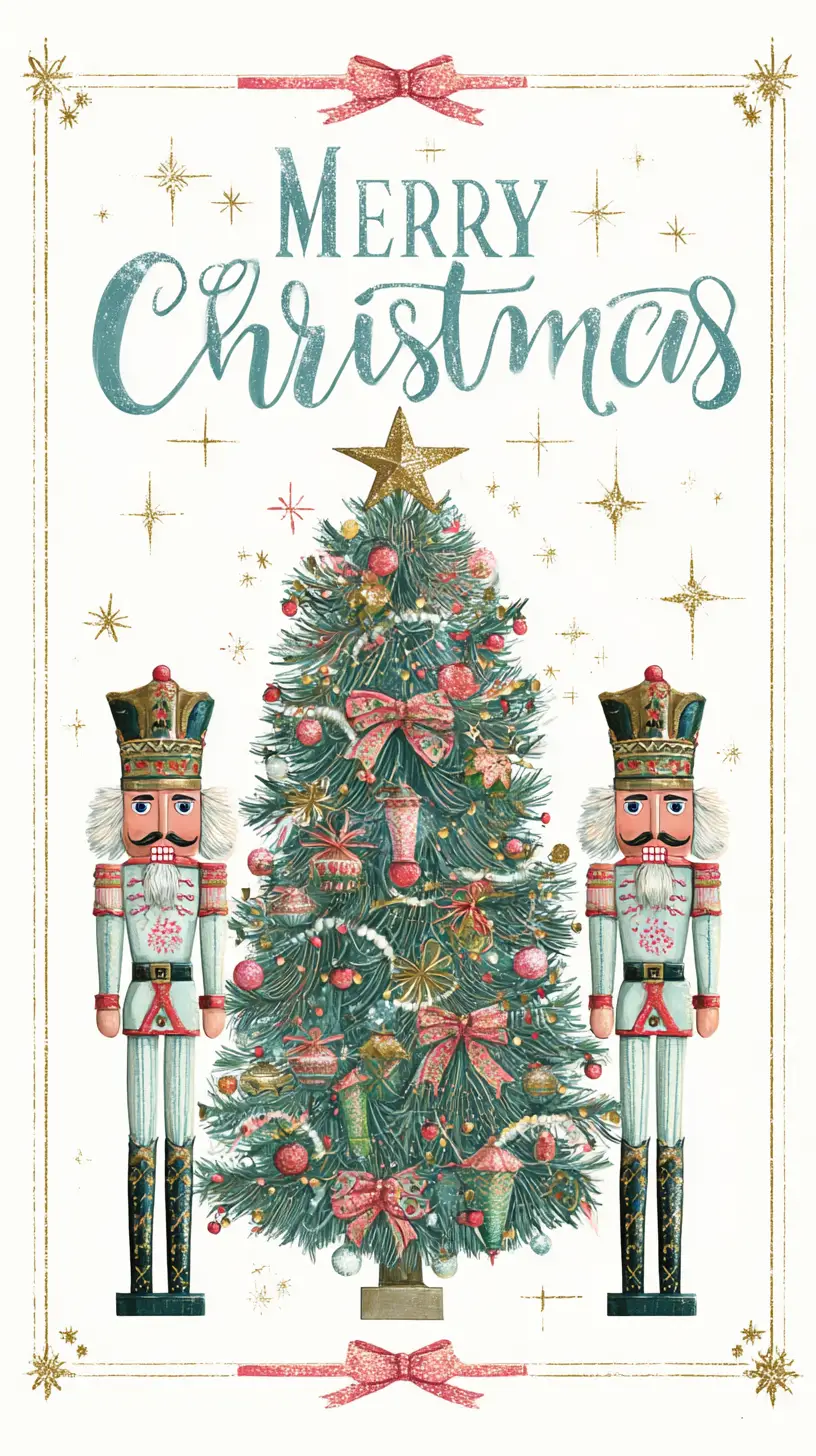 Festive Christmas tree card with nutcrackers and sparkling details