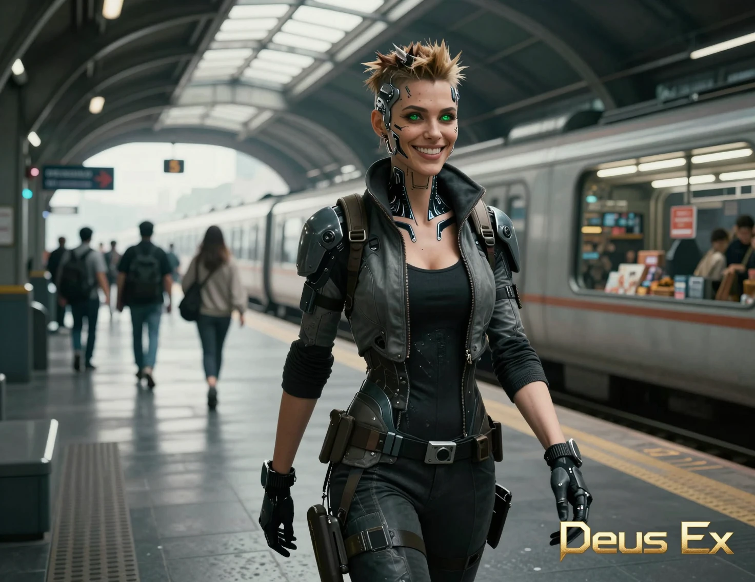 Donna cyberpunk sorridente che cammina in una stazione ferroviaria futuristica