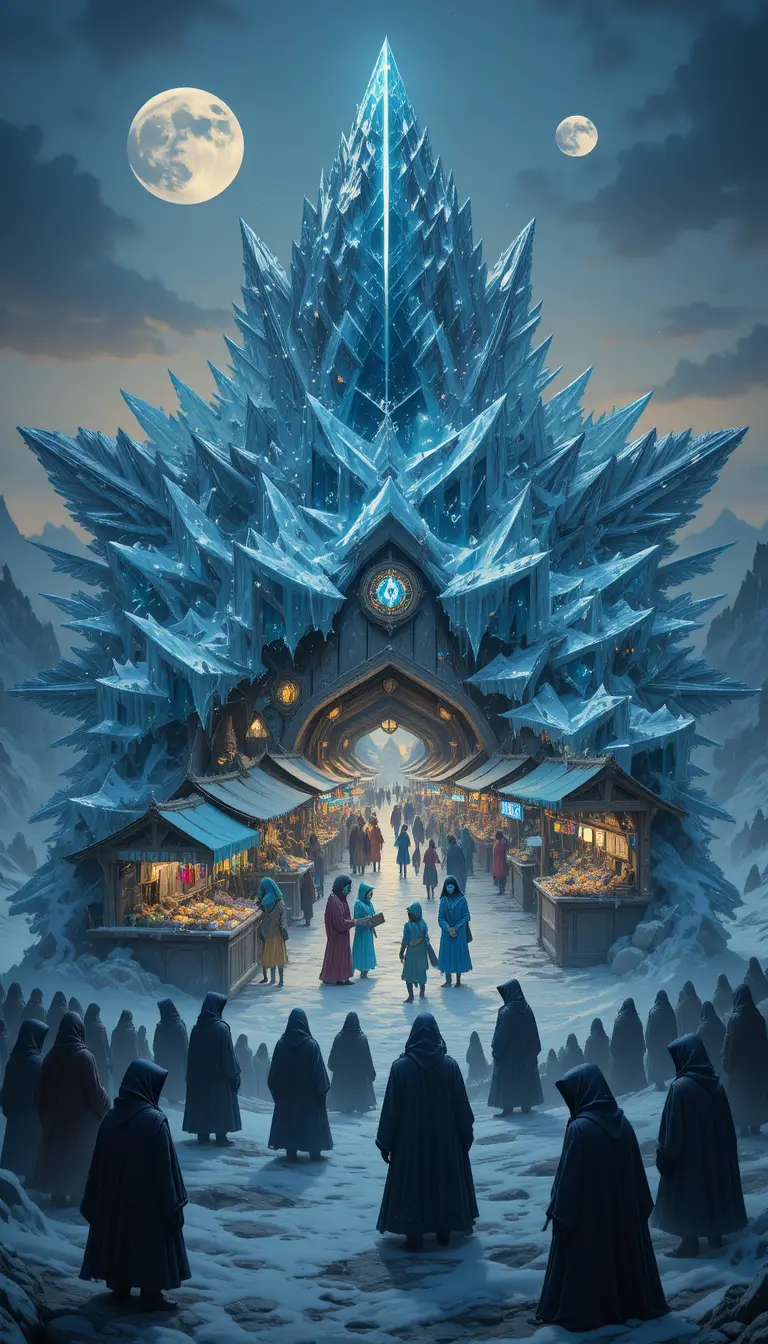 Bustling fantasy marketplace inside a colossal crystalline snowflake