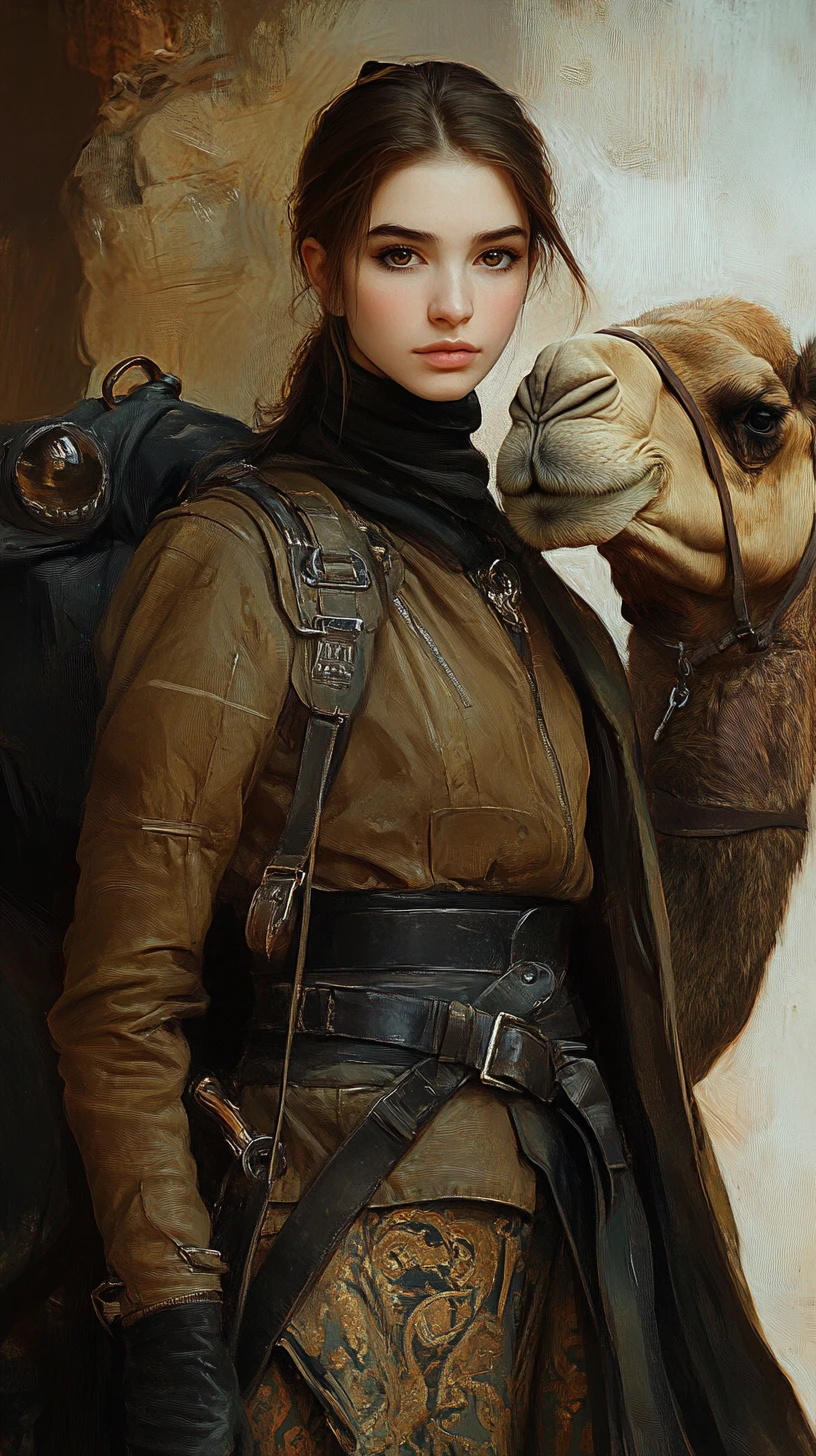 Woman in camel coat leading a friendly camel companion