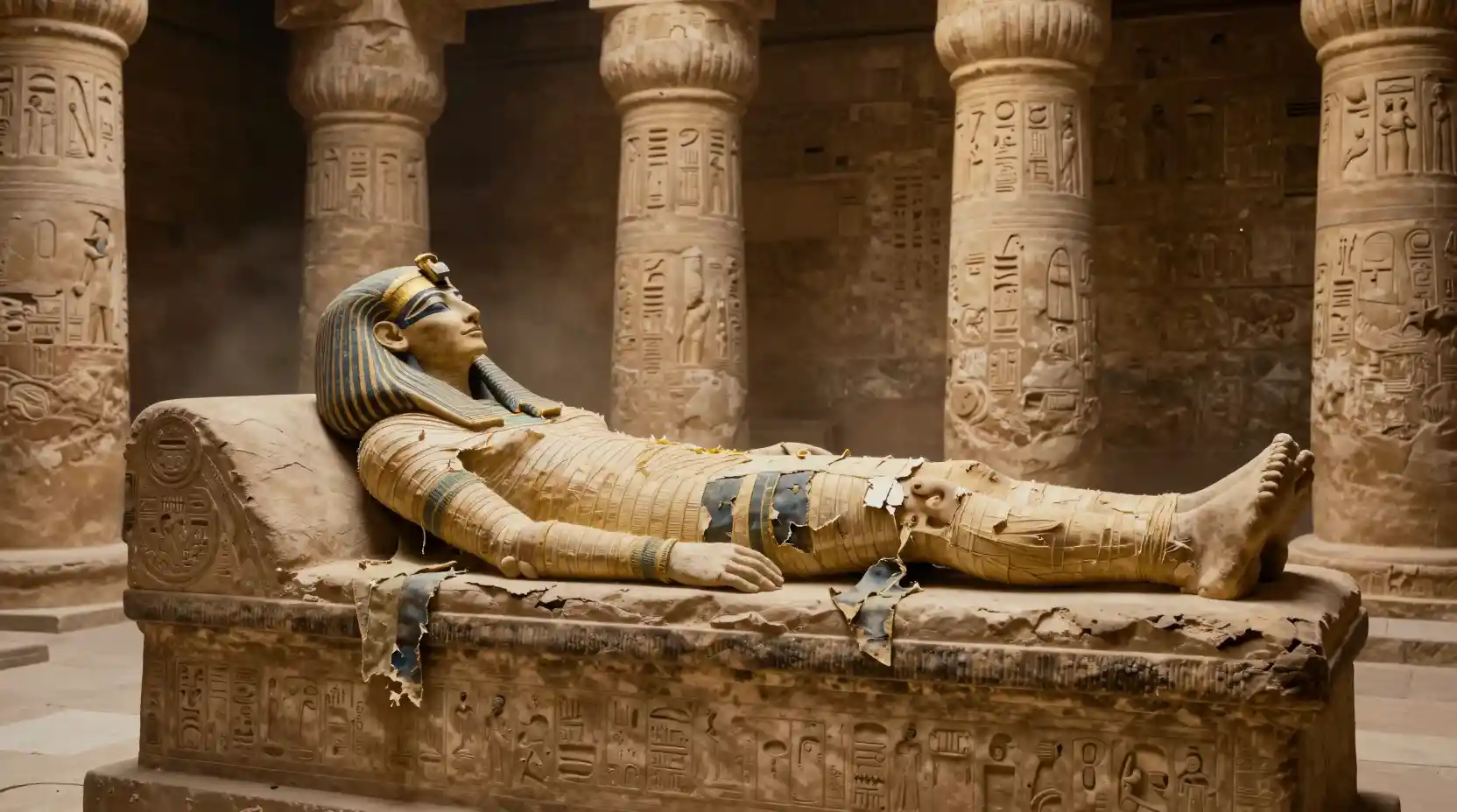 Mummified queen resting on a stone couch in temple