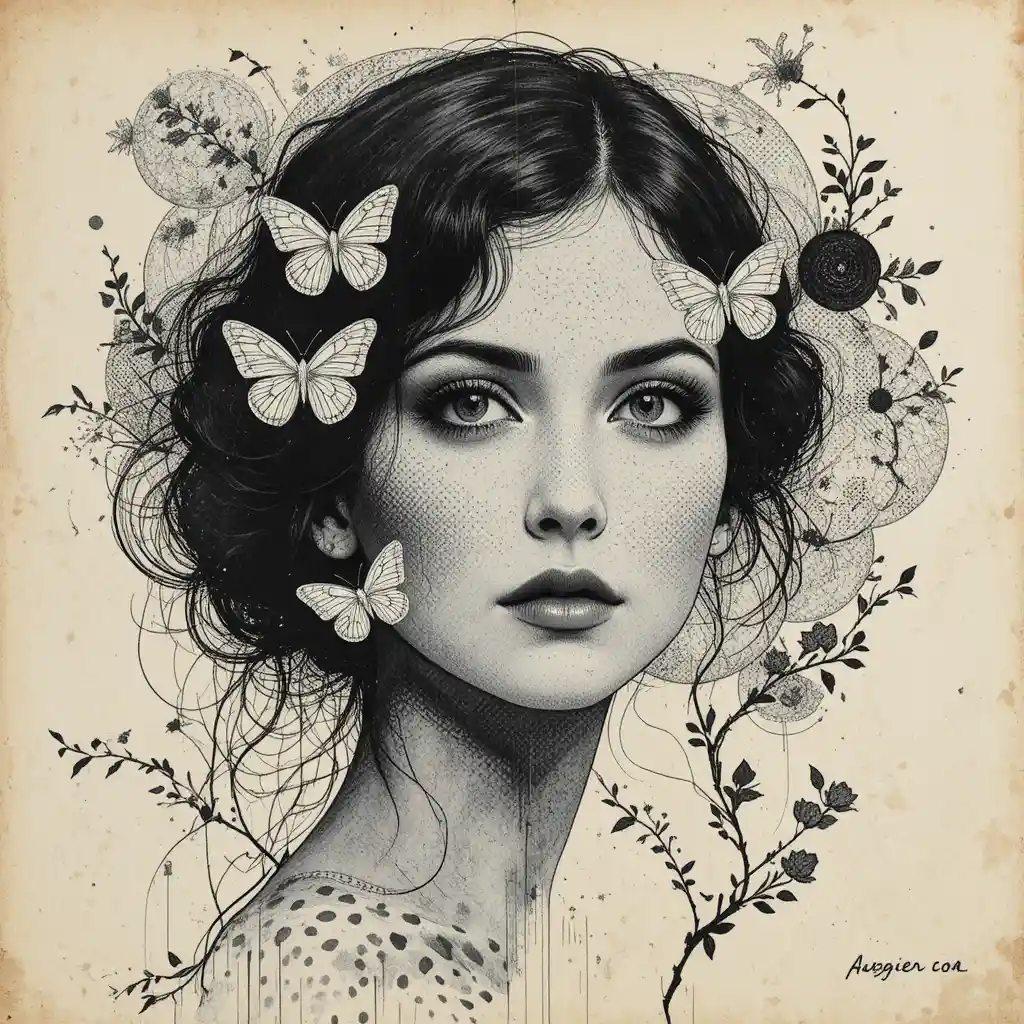 Retrato en técnica mixta de una mujer con mariposas y tinta