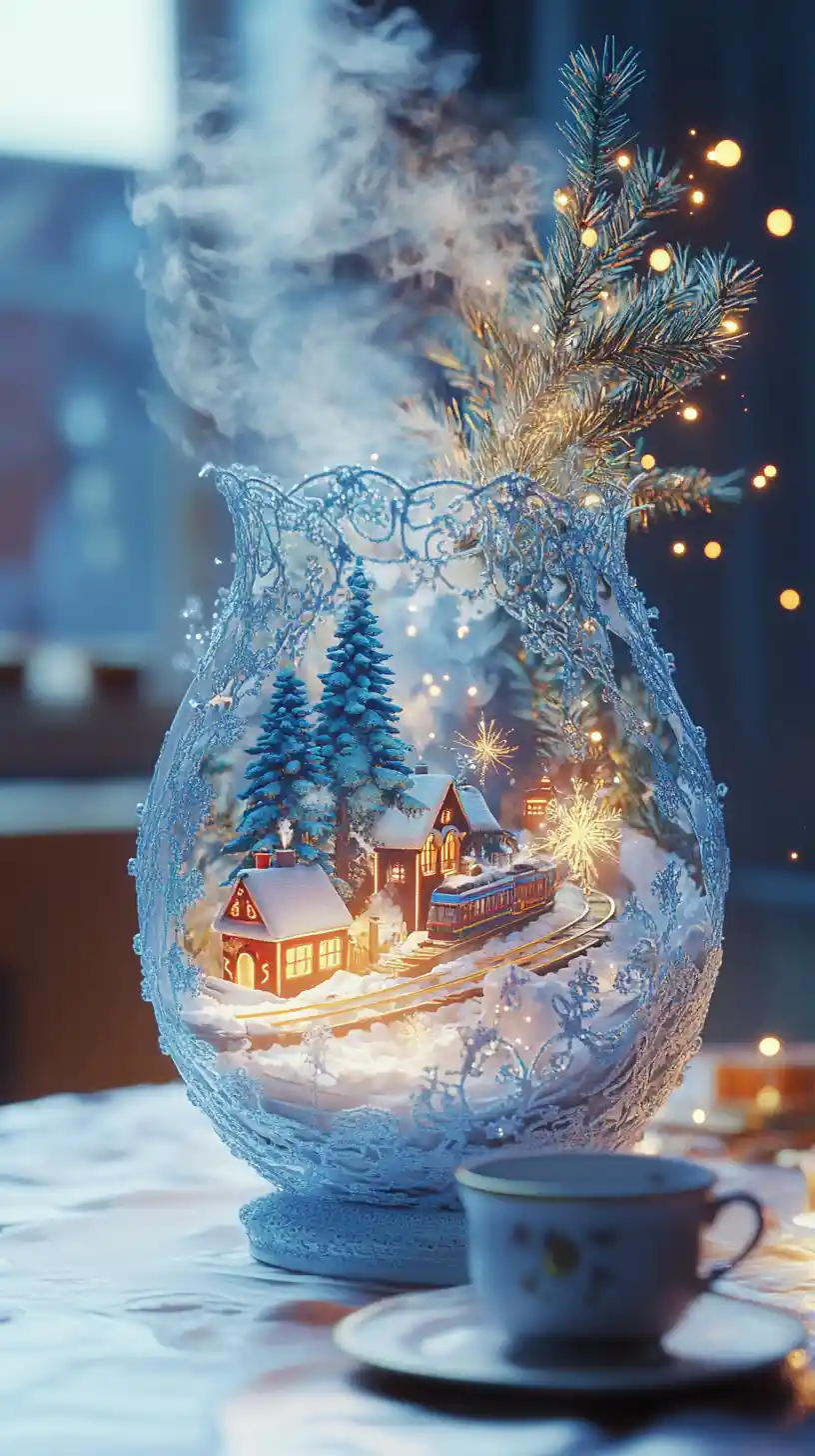 Aerial view of festive kitchen table with diorama vase