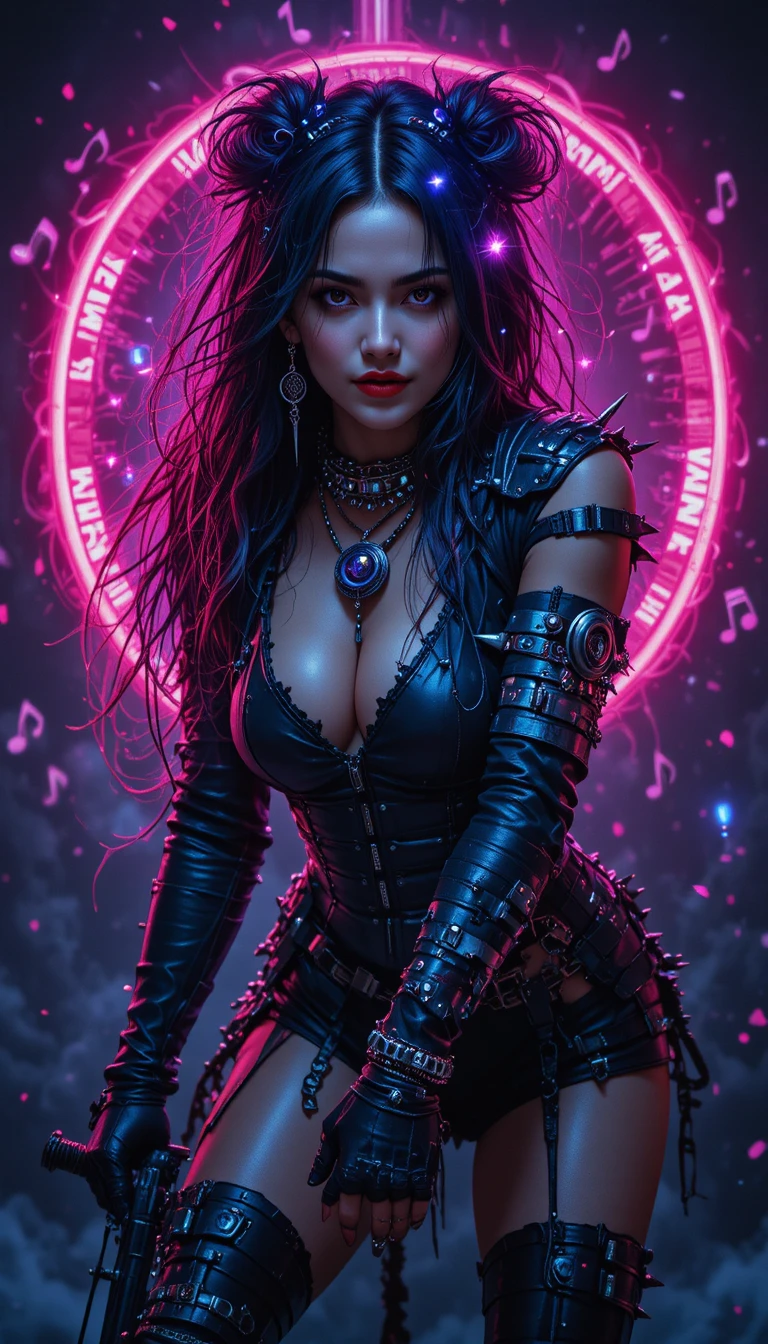 Rebellious punk warrior woman in a neon dark void