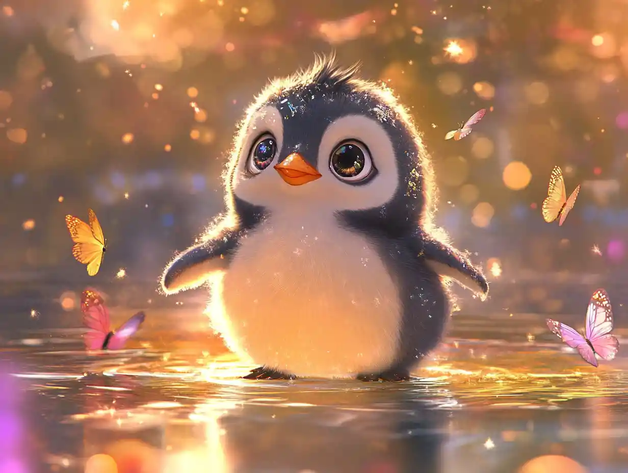 Adorable bebé pingüino en una brillante piscina al atardecer
