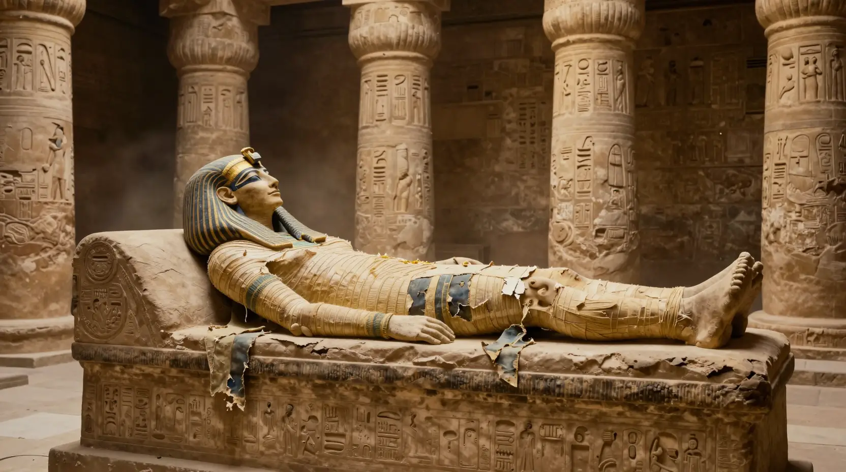 Mummified queen resting on a stone couch in temple