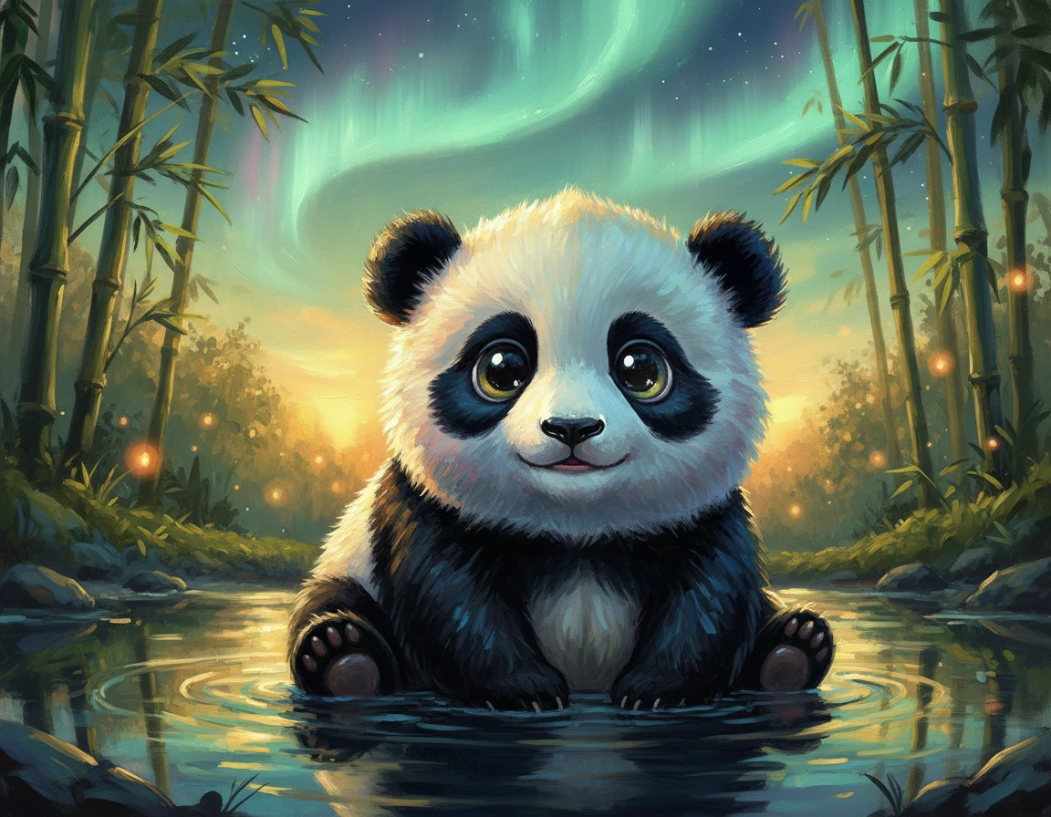 Scène de Peinture à l’Huile d’un Adorable Bébé Panda dans une Piscine au Coucher du Soleil