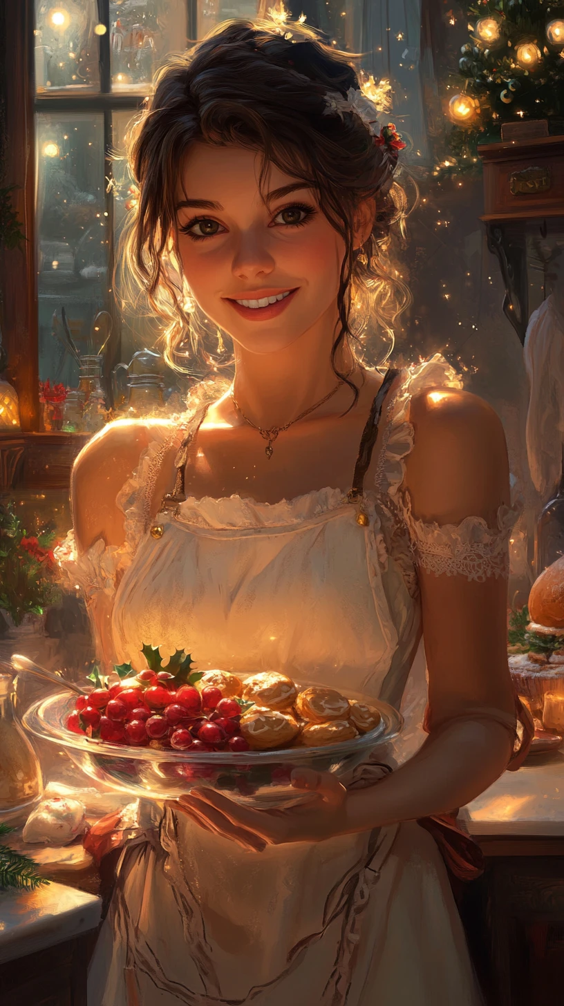 Femme souriante avec des biscuits de Noël dans une cuisine chaleureuse