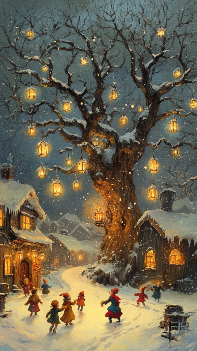 Snowy village square with lantern tree and playing children