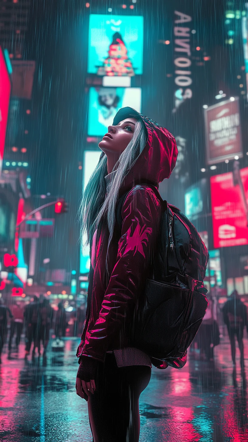 Determined woman in Times Square under neon city lights