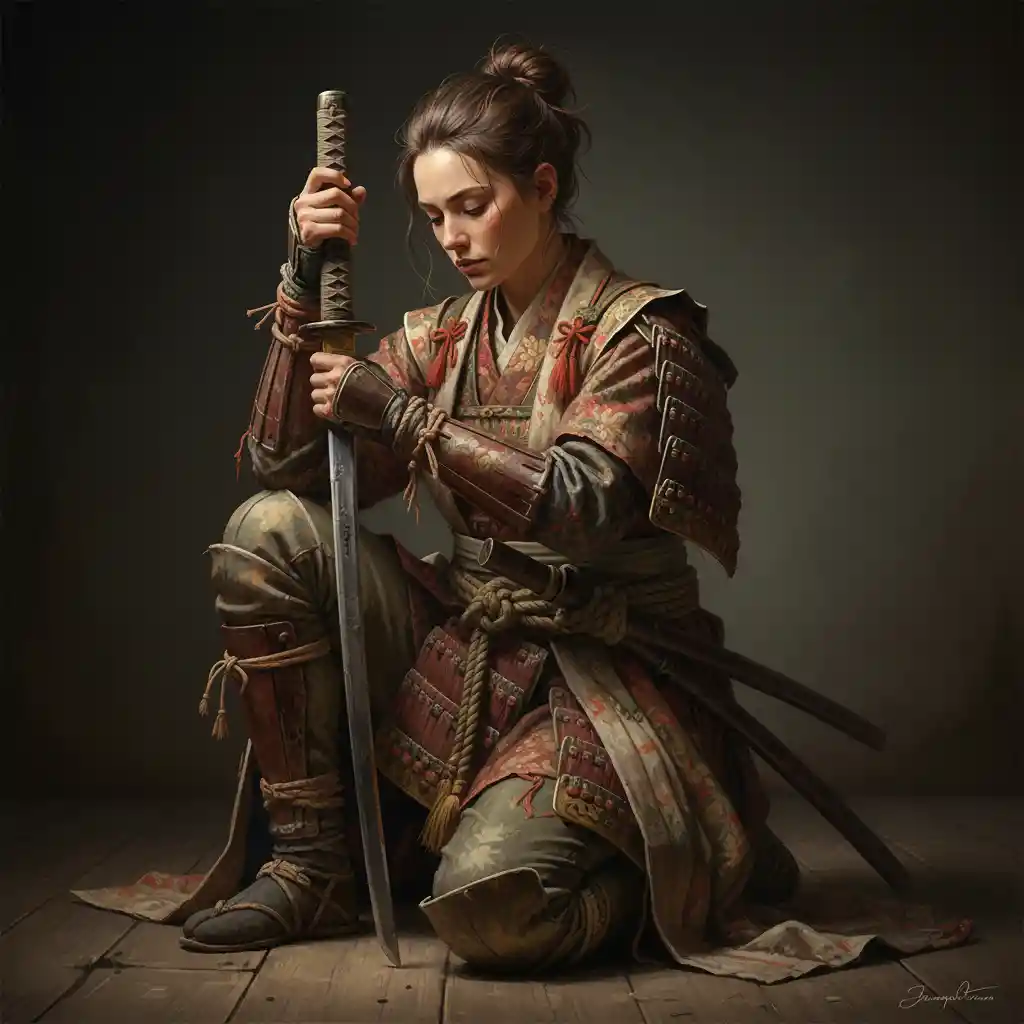 Guerrière agenouillée avec katana en calme concentration