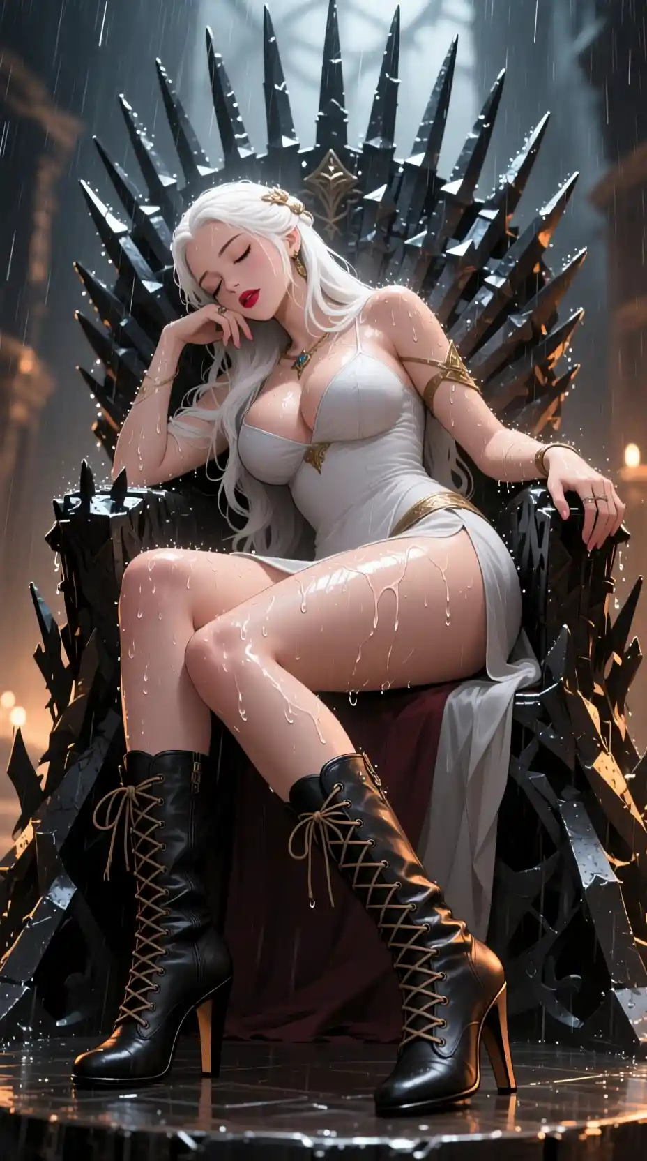 White haired woman sleeping on an iron throne in rain